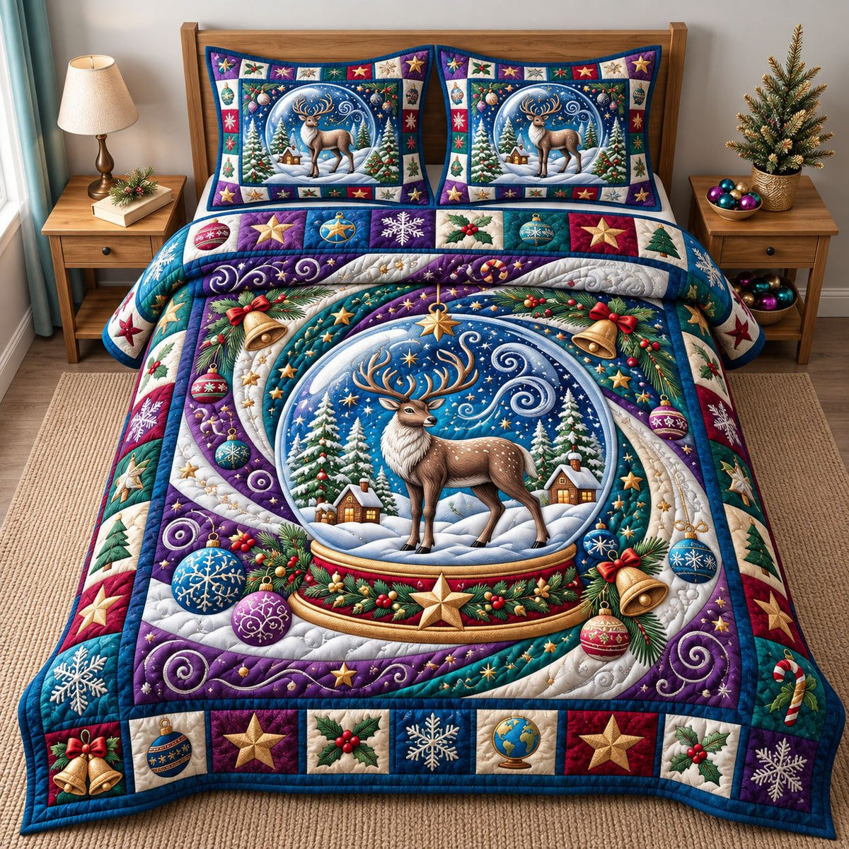 Snow Globe Swirl Reindeer quilted 3-piece bedding set on a made bed in a winter-styled bedroom