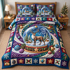Snow Globe Swirl Reindeer quilted 3-piece bedding set on a made bed in a winter-styled bedroom