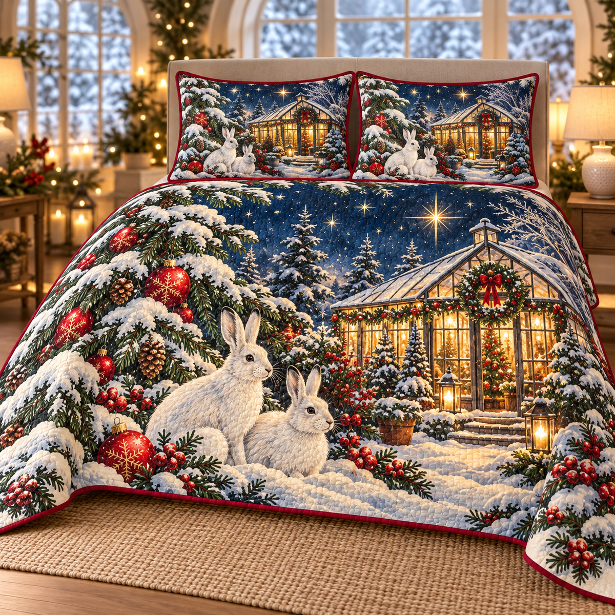 Snow Hare Winter Greenhouse printed Christmas quilt and two matching pillow shams; design mockup showing a flat printed depth effect.