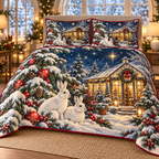 Snow Hare Winter Greenhouse printed Christmas quilt and two matching pillow shams; design mockup showing a flat printed depth effect.