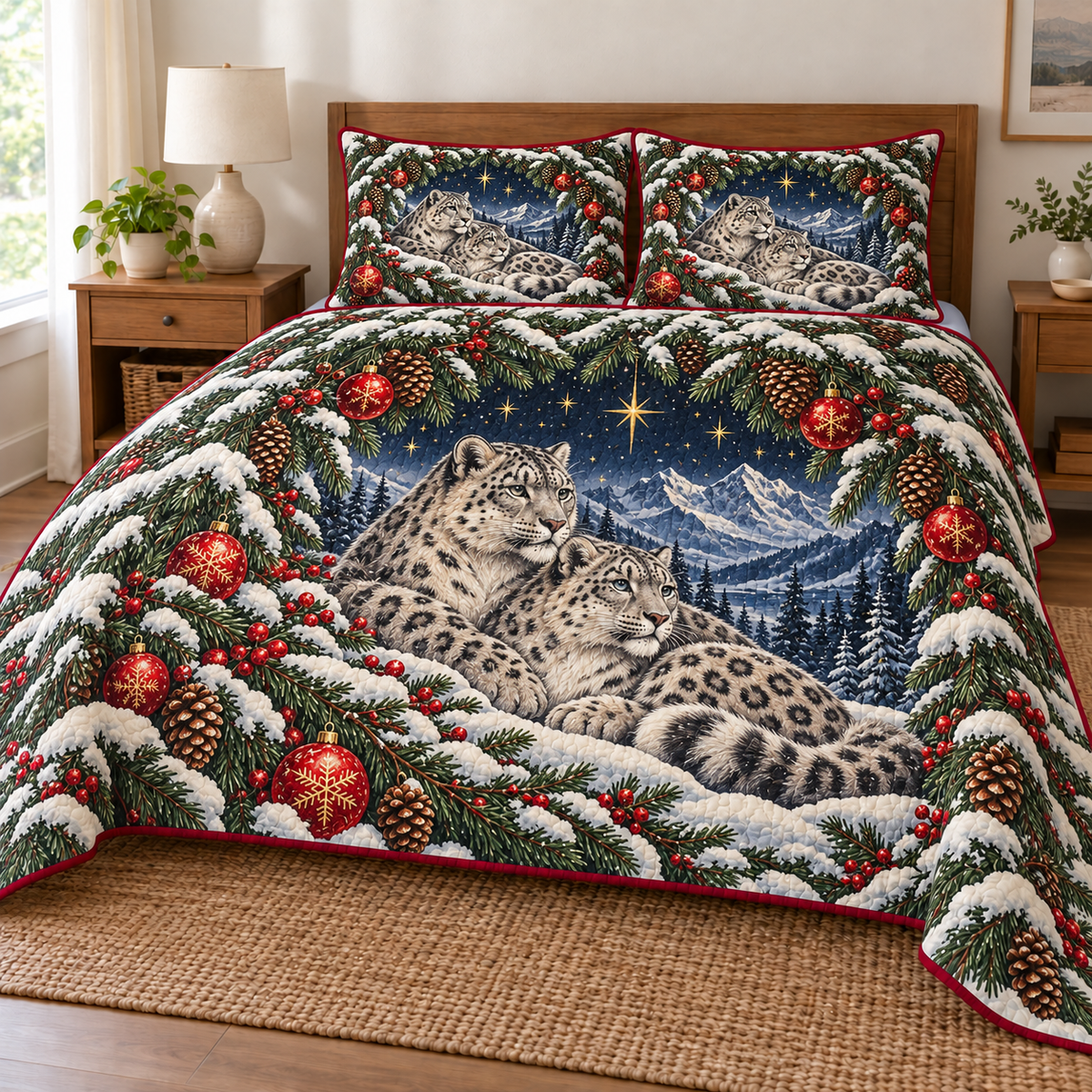 Snow leopard pair beneath a snowy pine arch on a Christmas quilt and two matching shams with cranberry binding; design mockup.
