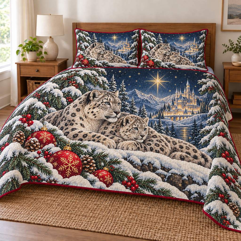 Snow Leopard Star Palace printed Christmas quilt and two matching pillow shams; design mockup showing a flat printed depth effect.