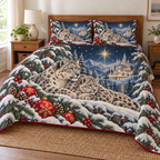 Snow Leopard Star Palace printed Christmas quilt and two matching pillow shams; design mockup showing a flat printed depth effect.