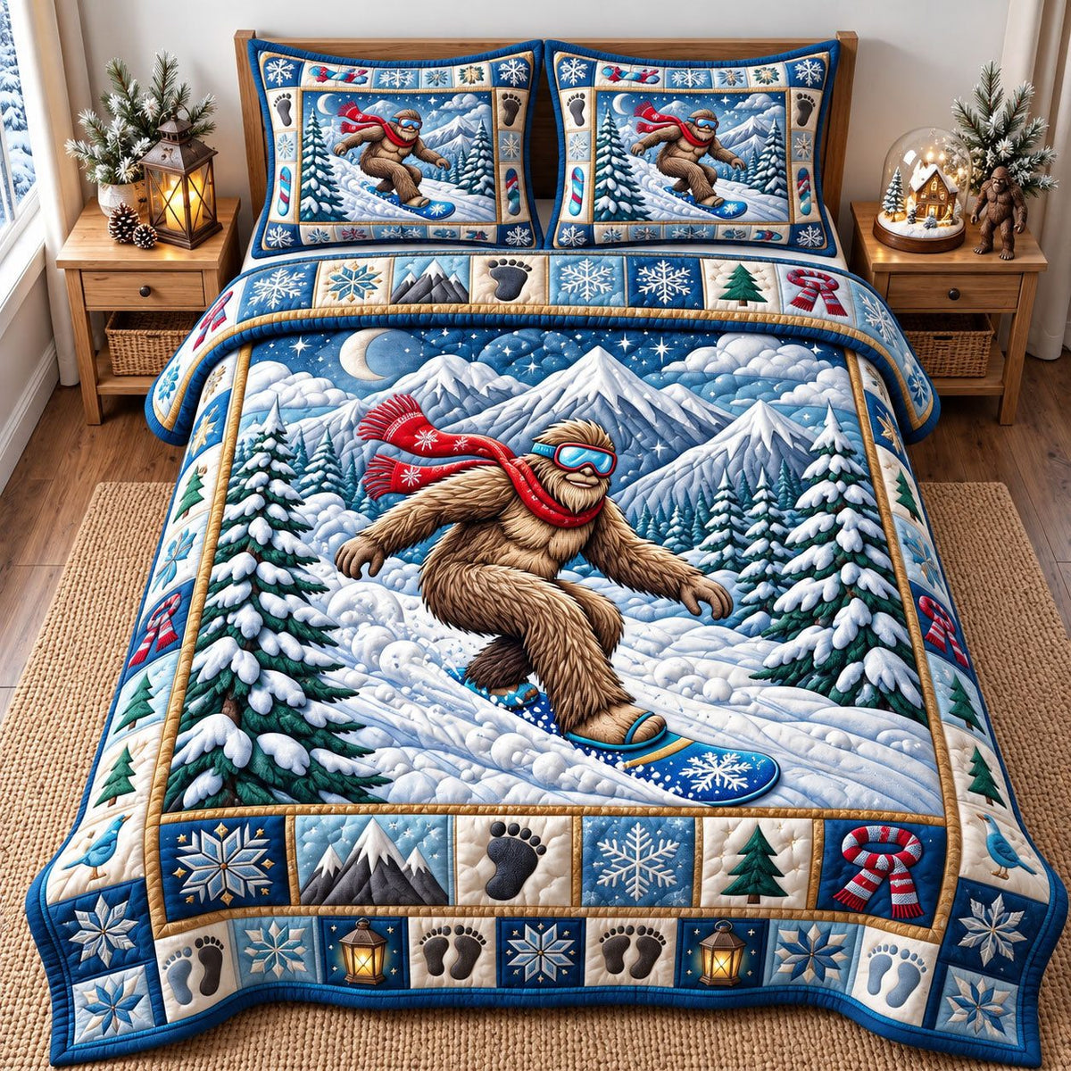 Snowboarding Bigfoot quilted 3-piece bedding set on a made bed with two matching pillow shams