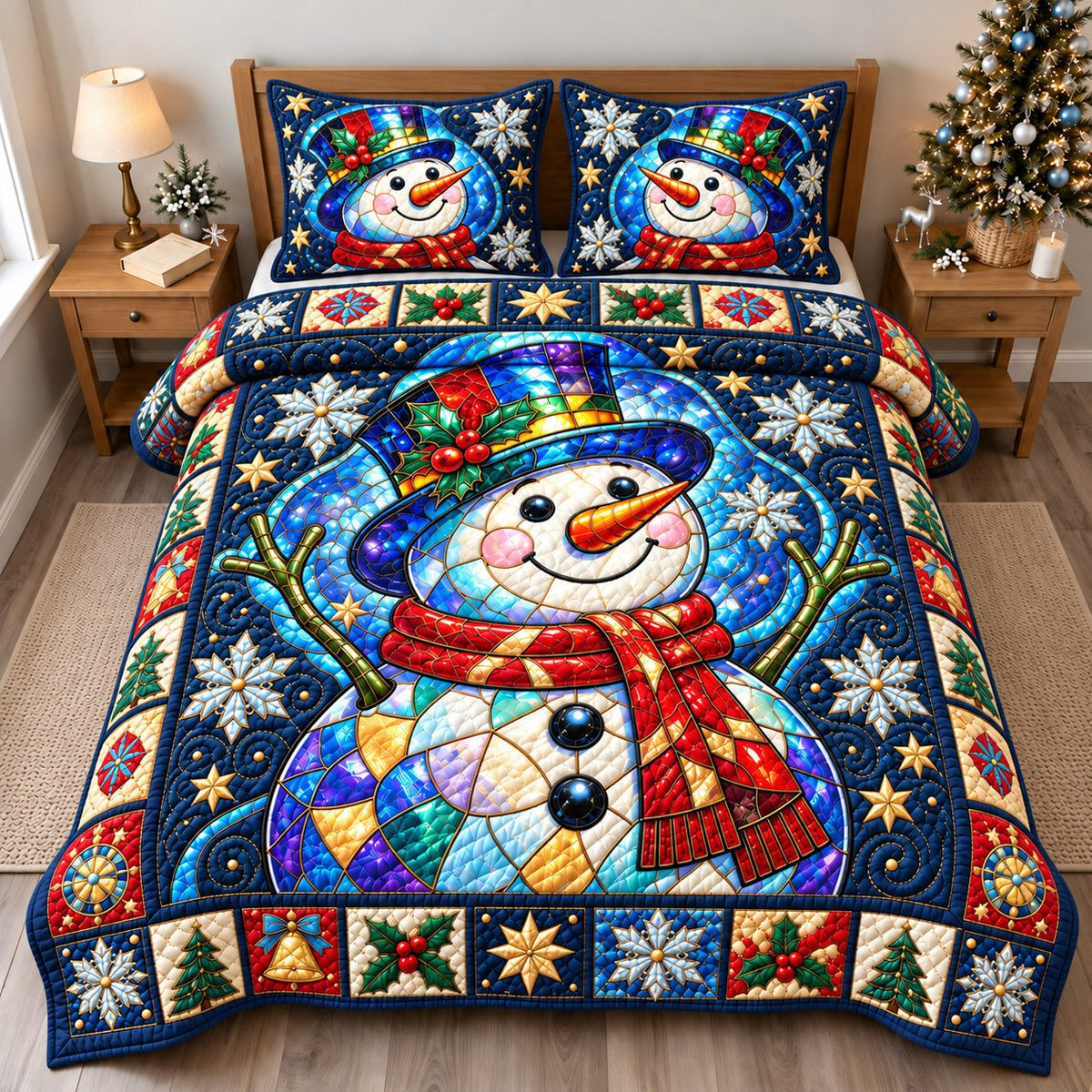 Snowman Arctic Adventure quilted 3-piece bedding set on a made bed in a winter-styled bedroom
