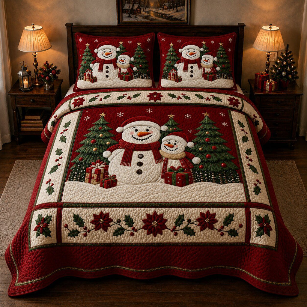 Snowman Bliss quilted 3-piece bedding set on a made bed in a winter-styled bedroom