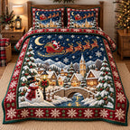 Snowman Bridge Holiday Village quilted 3-piece bedding set on a made bed in a winter-styled bedroom