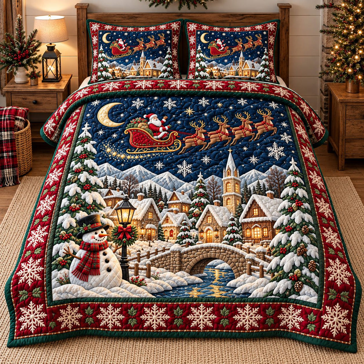 Snowman Bridge Holiday Village quilted 3-piece bedding set on a made bed in a winter-styled bedroom