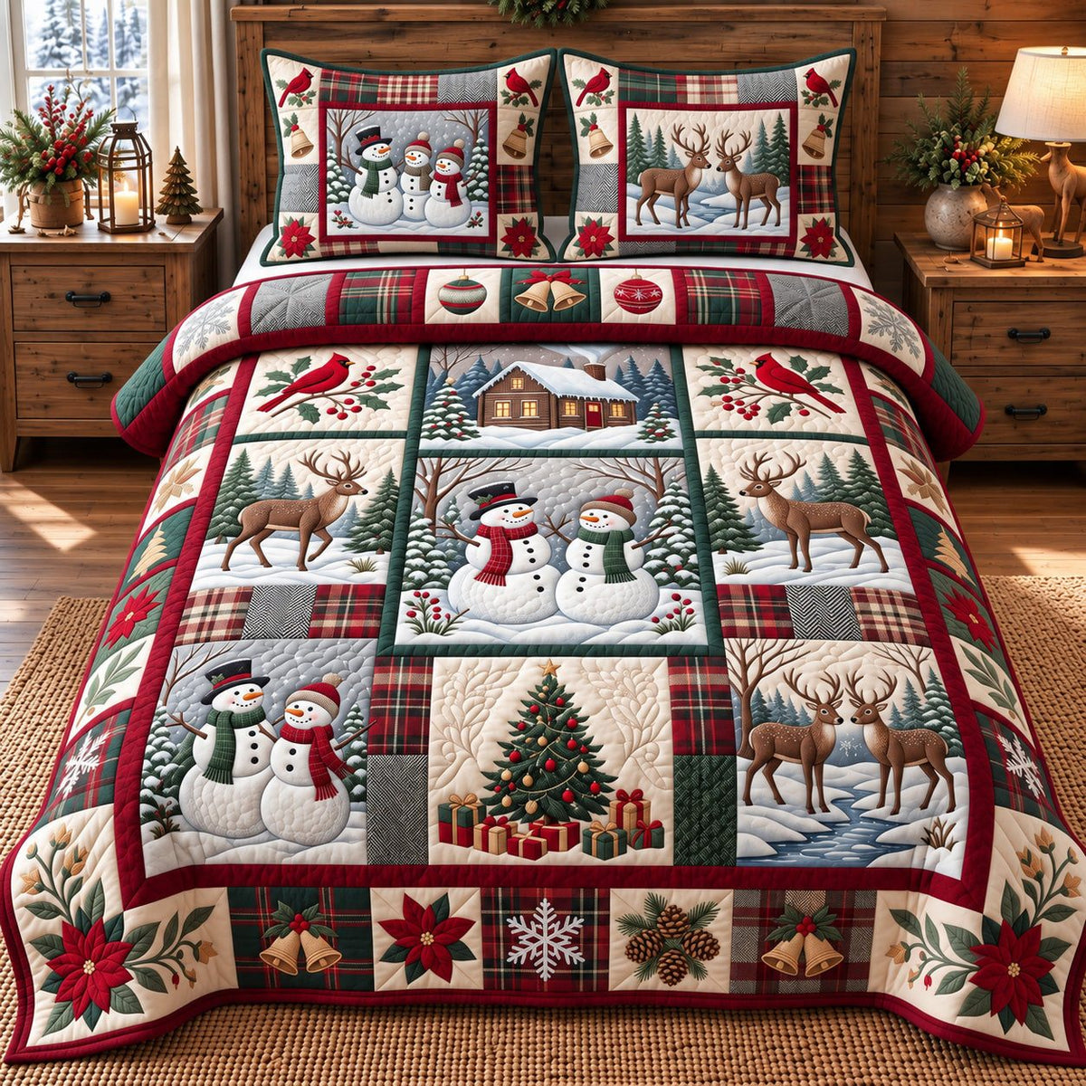 Snowman Cardinal Festive Patchwork quilted 3-piece bedding set on a made bed in a winter-styled bedroom