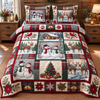Snowman Cardinal Festive Patchwork quilted 3-piece bedding set on a made bed in a winter-styled bedroom