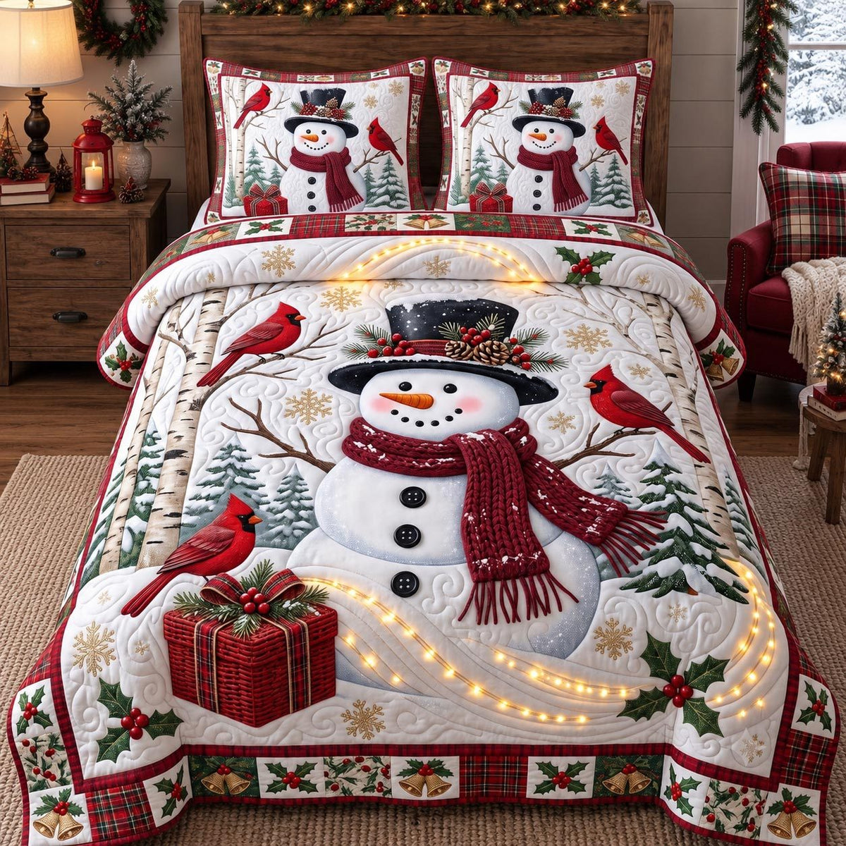 Snowman Cardinal Winter quilted 3-piece bedding set on a made bed in a winter-styled bedroom