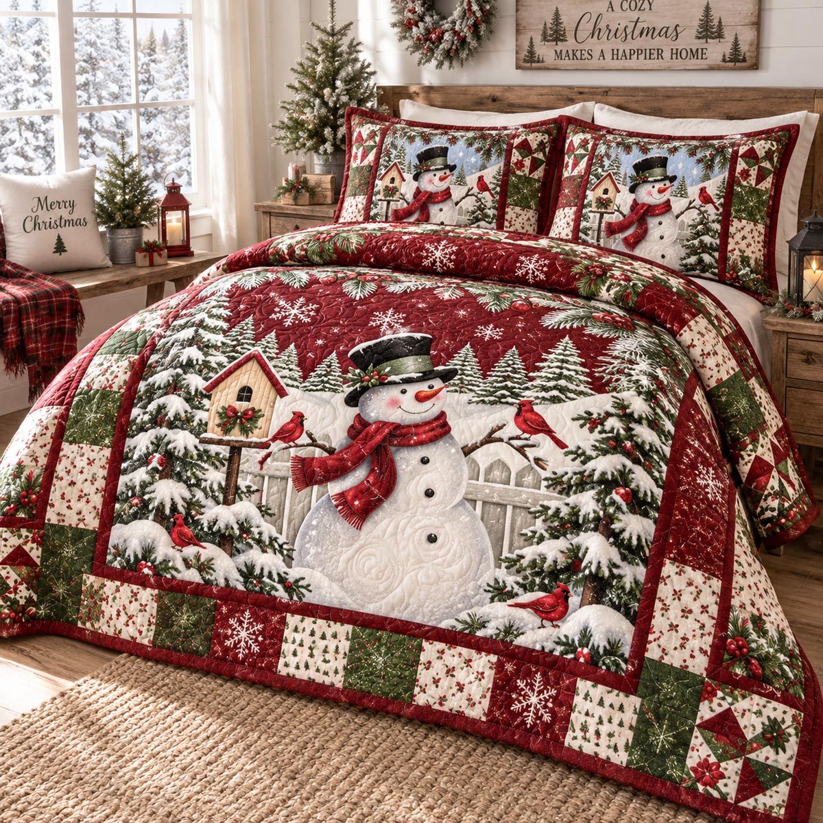 Snowman Christmas Cabin quilted 3-piece bedding set on a made bed in a winter-styled bedroom