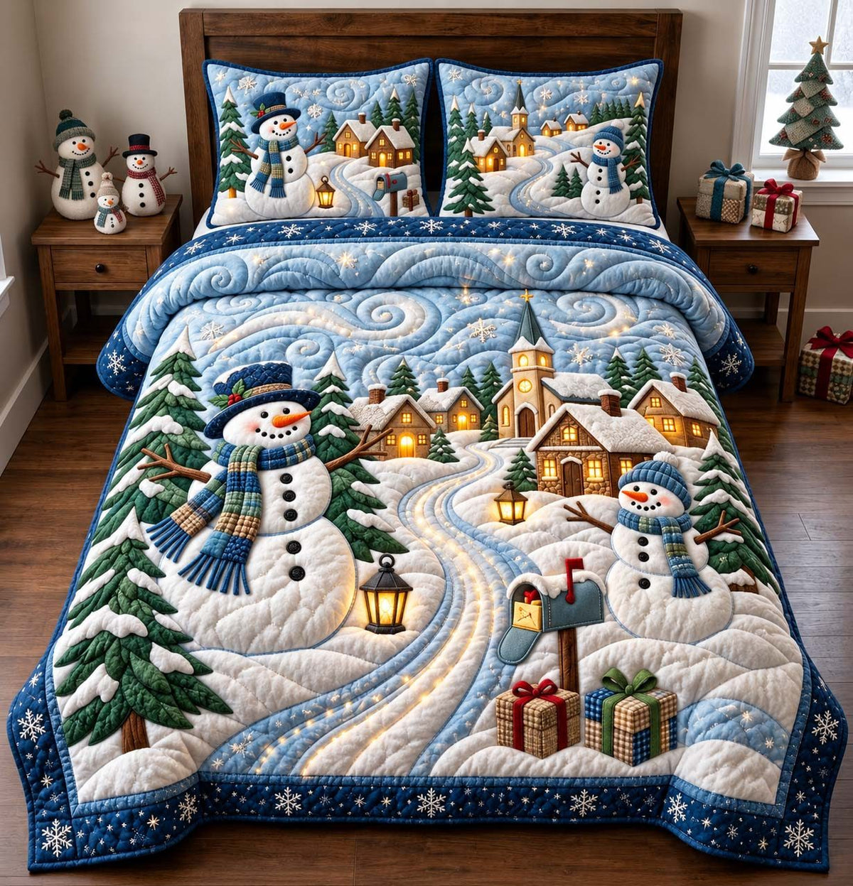 Snowman Christmas Lane quilted 3-piece bedding set on a made bed in a winter-styled bedroom