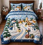 Snowman Christmas Lane quilted 3-piece bedding set on a made bed in a winter-styled bedroom