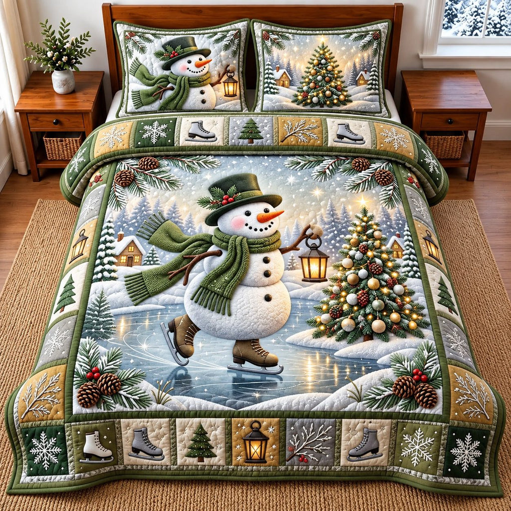 Snowman Christmas quilted 3-piece bedding set on a made bed in a winter-styled bedroom