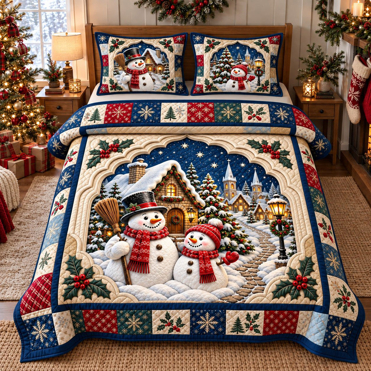 Snowman Christmas Village quilted 3-piece bedding set on a made bed in a winter-styled bedroom