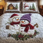 Snowman Couple Purple quilted 3-piece bedding set on a made bed in a winter-styled bedroom
