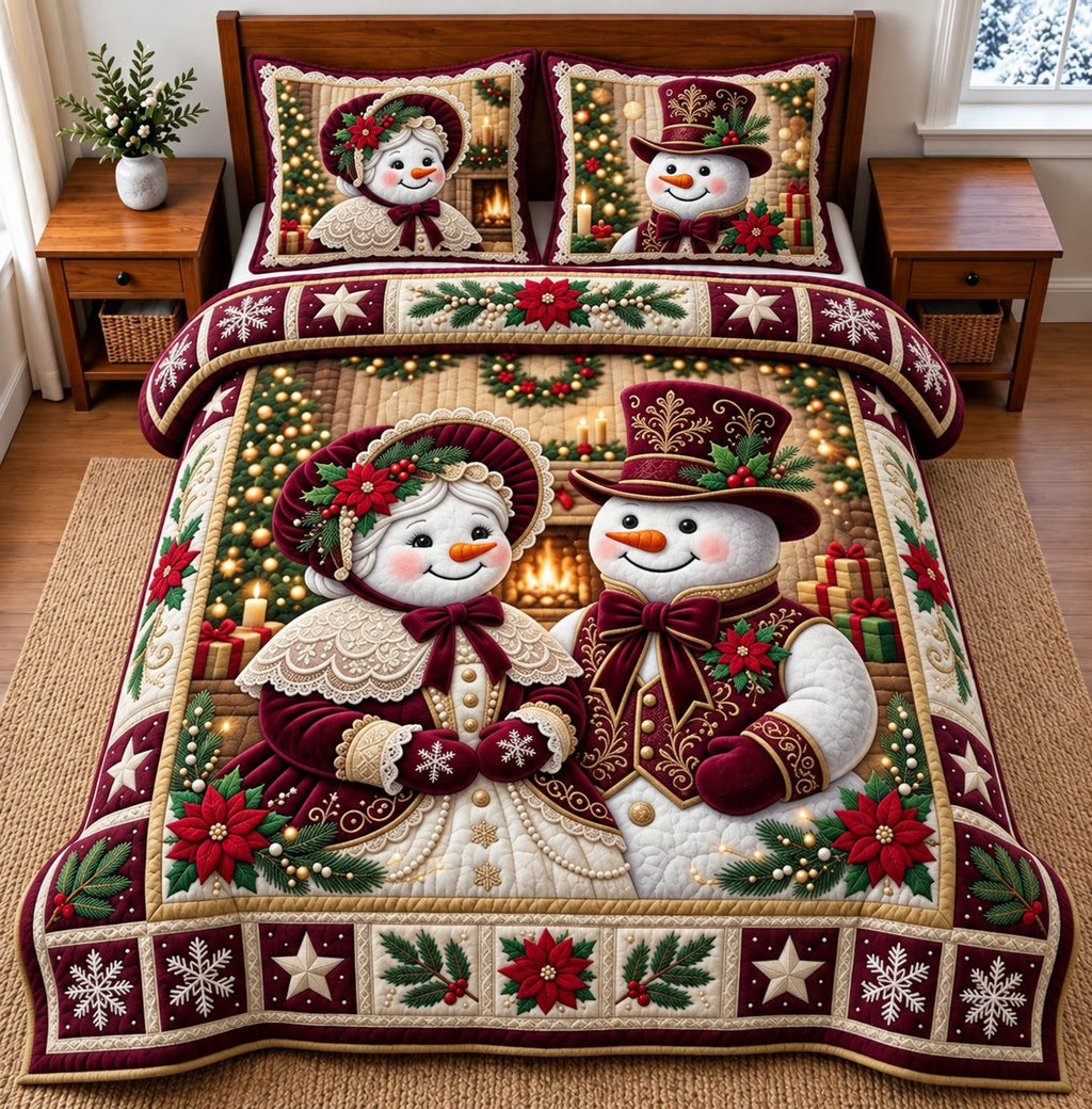 Snowman Couple quilted 3-piece bedding set on a made bed in a winter-styled bedroom