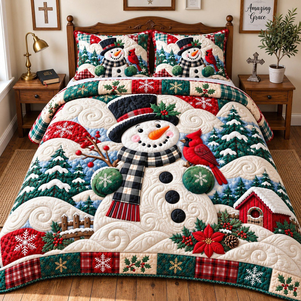 Snowman Cozy Winter quilted 3-piece bedding set on a made bed in a winter-styled bedroom