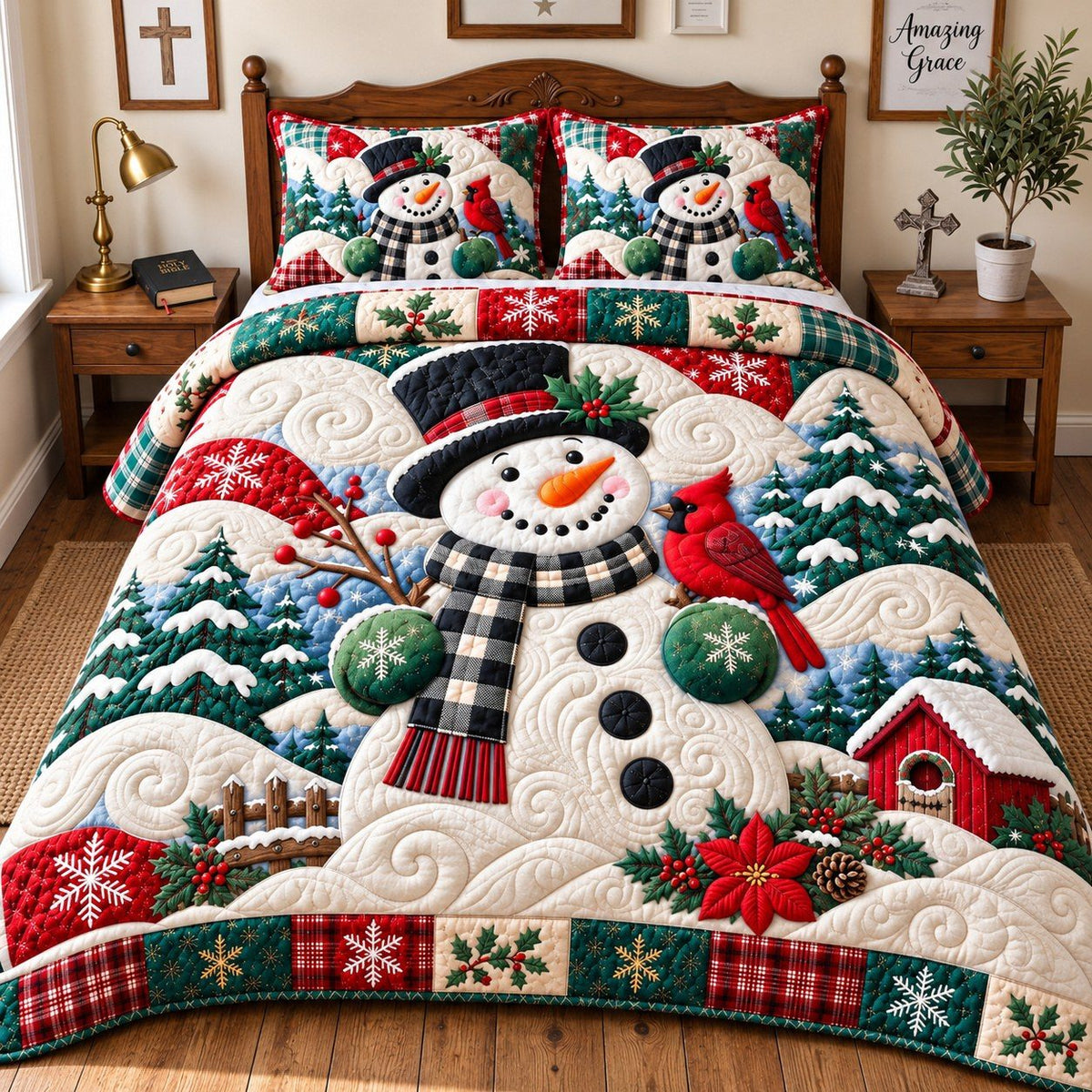 Snowman Cozy Winter quilted 3-piece bedding set on a made bed in a winter-styled bedroom