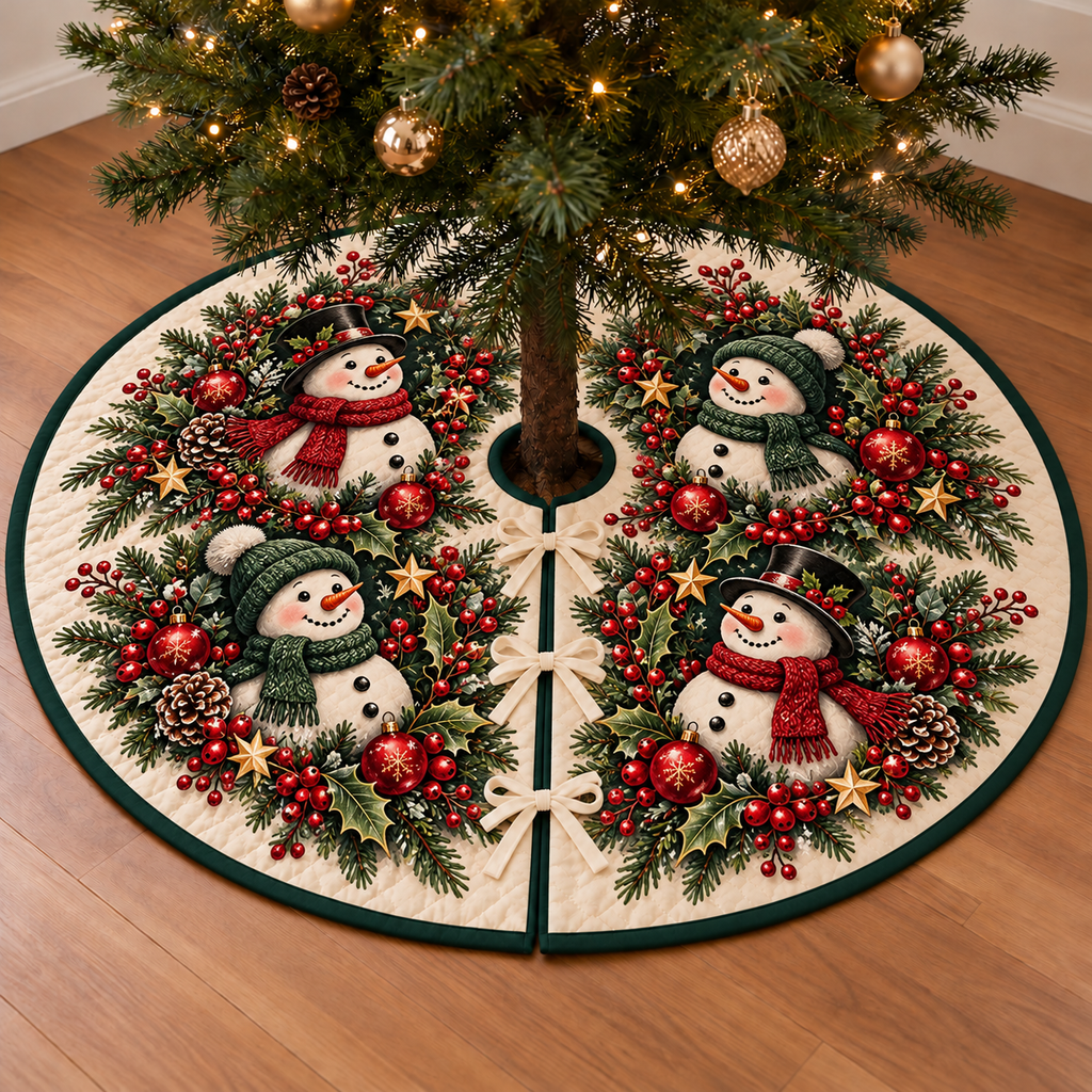 Four snowmen in cranberry and evergreen wreaths printed on an ivory tree skirt with green binding and three ties; design mockup.