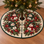 Four snowmen in cranberry and evergreen wreaths printed on an ivory tree skirt with green binding and three ties; design mockup.
