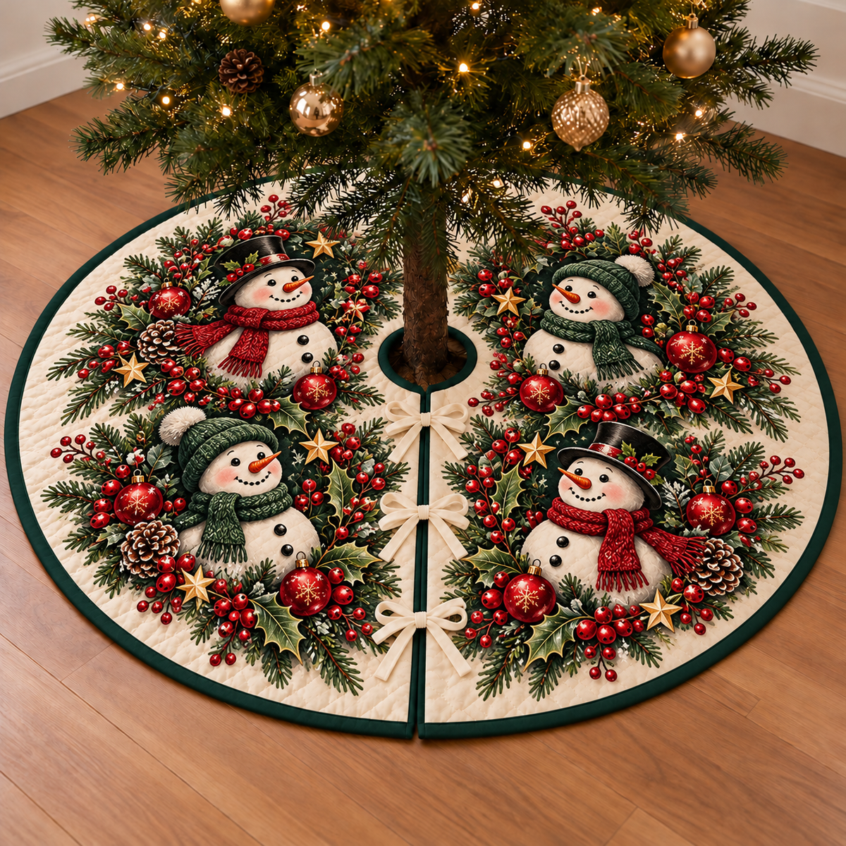 Four snowmen in cranberry and evergreen wreaths printed on an ivory tree skirt with green binding and three ties; design mockup.