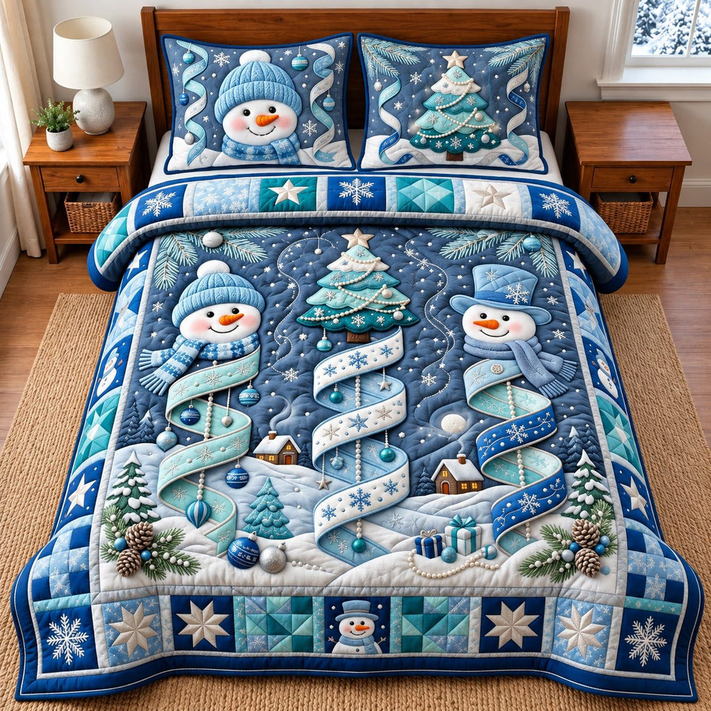 Snowman Forest quilted 3-piece bedding set on a made bed in a winter-styled bedroom