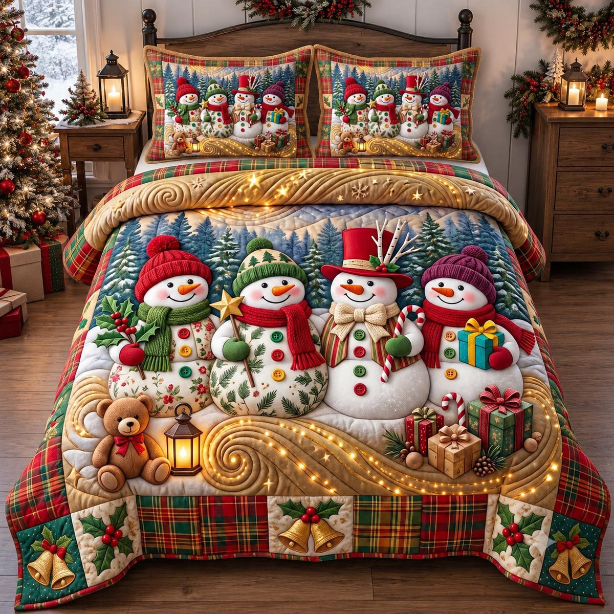 Snowman Friends quilted 3-piece bedding set on a made bed in a winter-styled bedroom