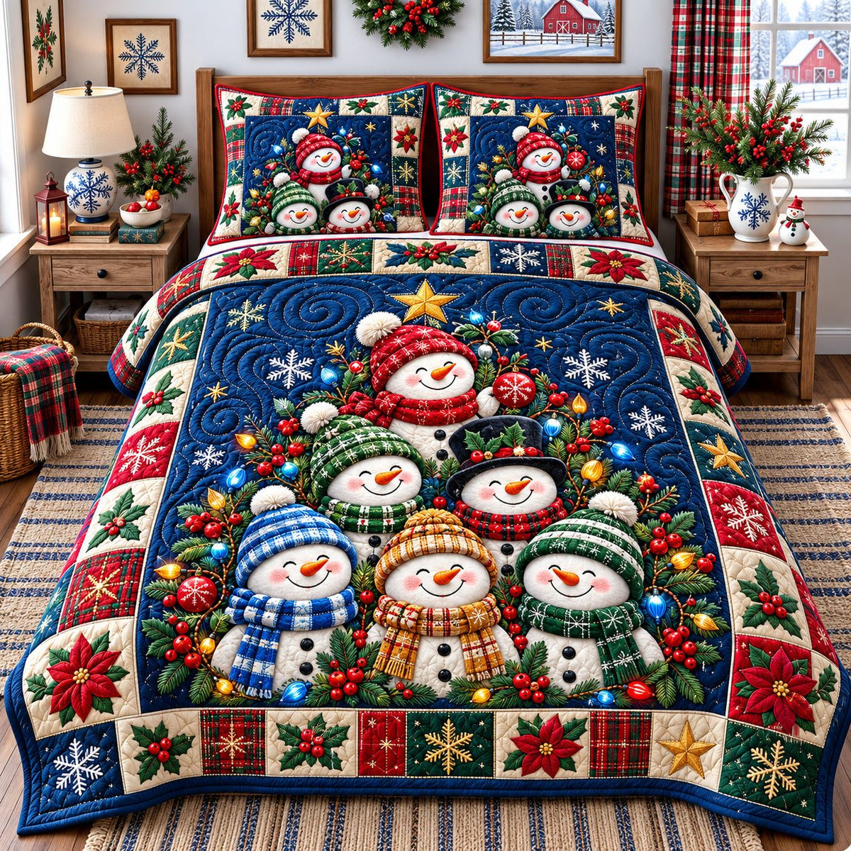 Snowman Frozen Fantasy quilted 3-piece bedding set on a made bed in a winter-styled bedroom