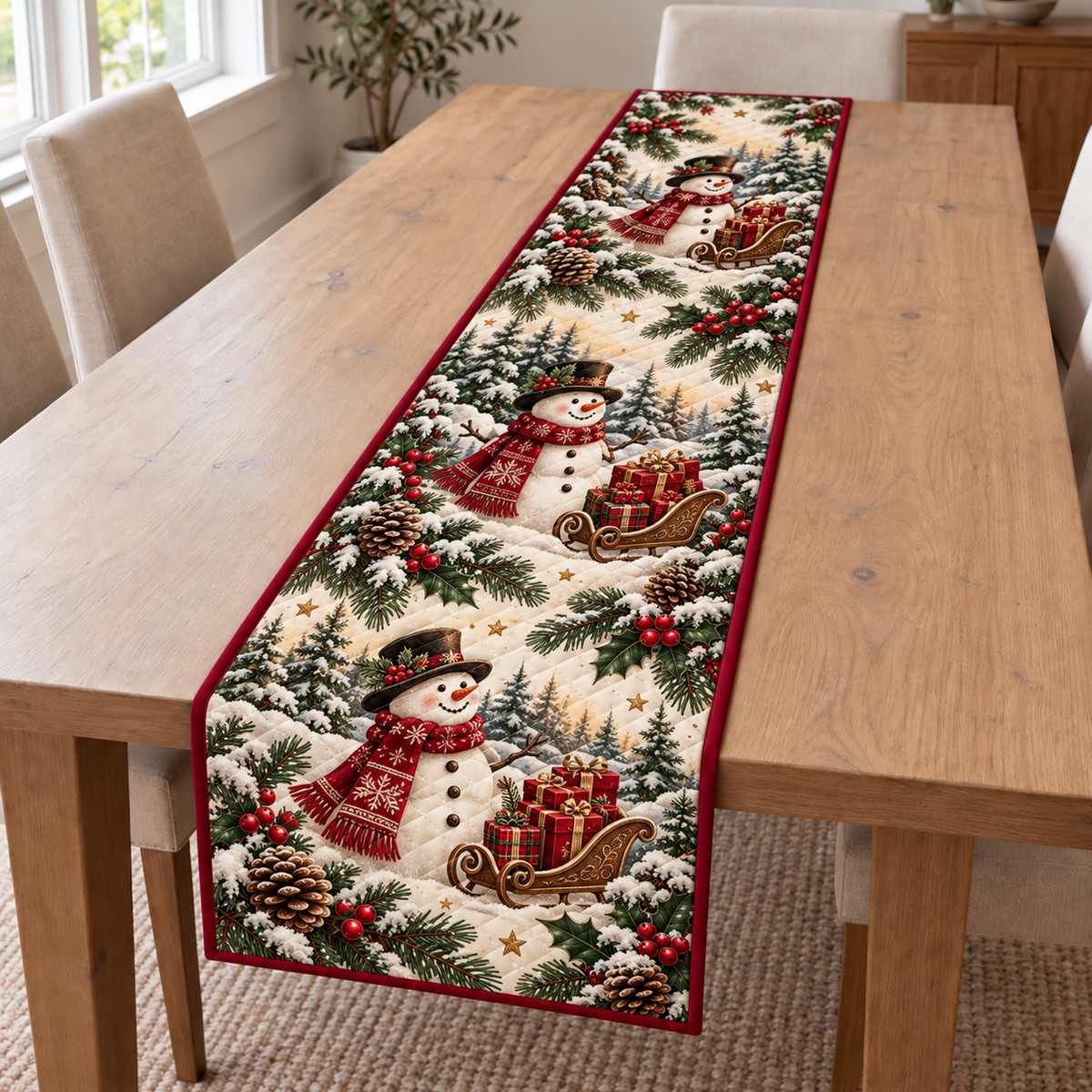 Three snowmen with gift-filled brown sleighs printed on an ivory quilted Christmas table runner with cranberry binding; design mockup.