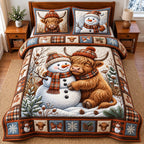 Snowman Highland quilted 3-piece bedding set on a made bed in a winter-styled bedroom