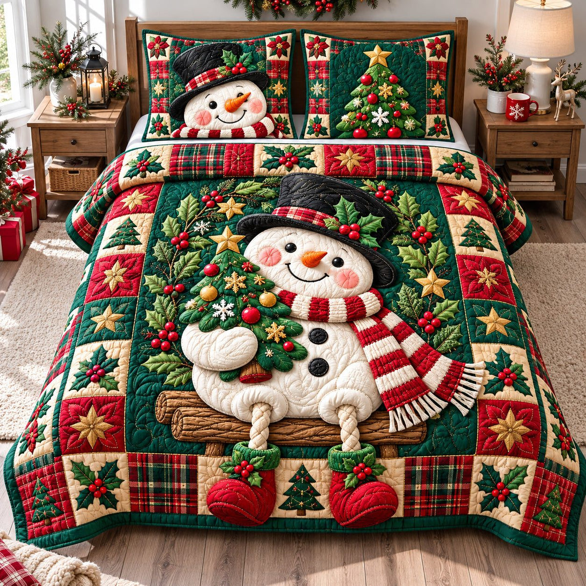 Snowman Icy Sparkle quilted 3-piece bedding set on a made bed in a winter-styled bedroom