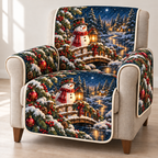Snowman with lantern beside a snowy footbridge printed on a midnight-blue quilted armchair cover with ivory binding; design mockup.