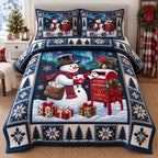 Snowman Mailbox quilted 3-piece bedding set on a made bed in a winter-styled bedroom