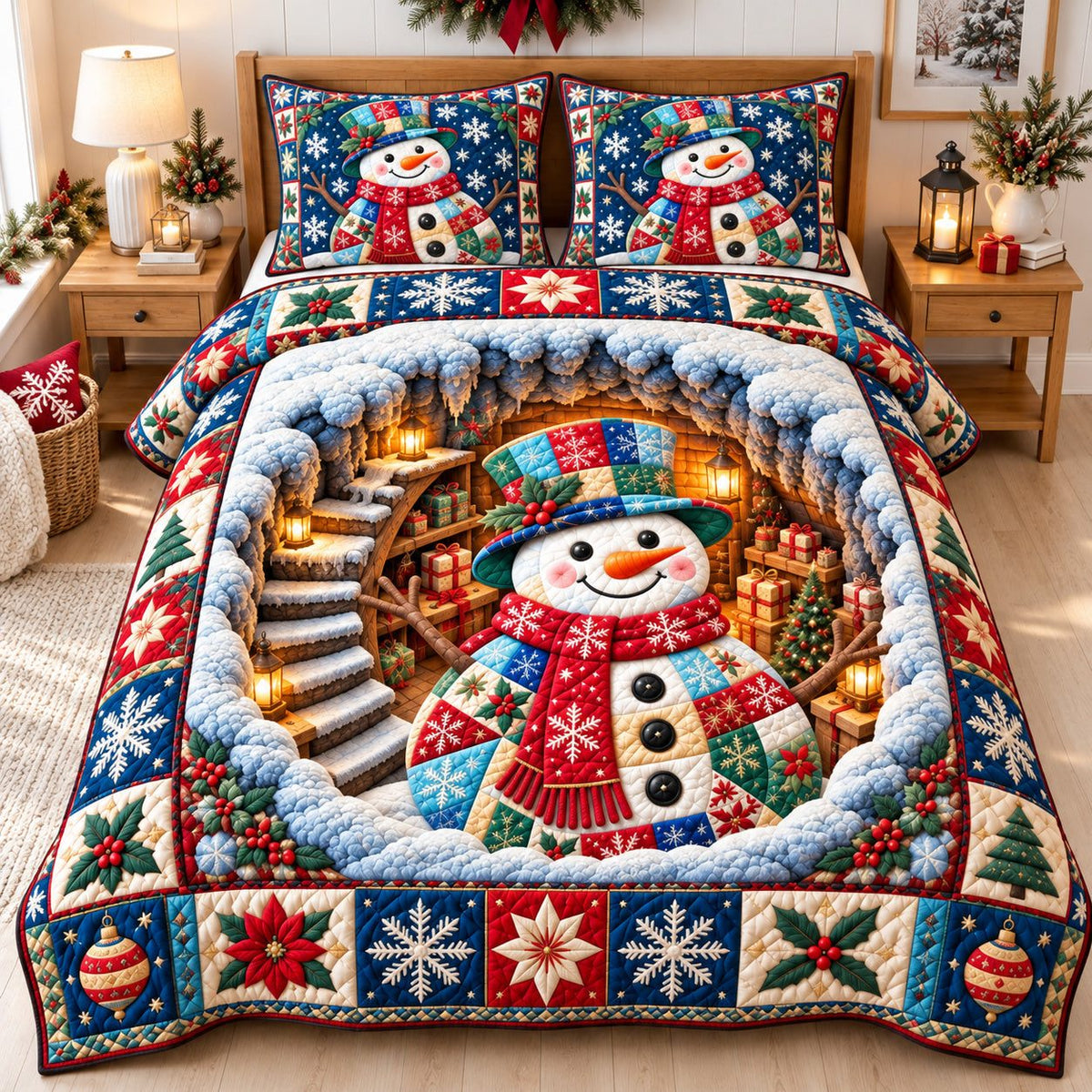 Snowman Merry Christmas quilted 3-piece bedding set on a made bed in a winter-styled bedroom