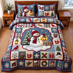Snowman Patchwork quilted 3-piece bedding set on a made bed in a winter-styled bedroom