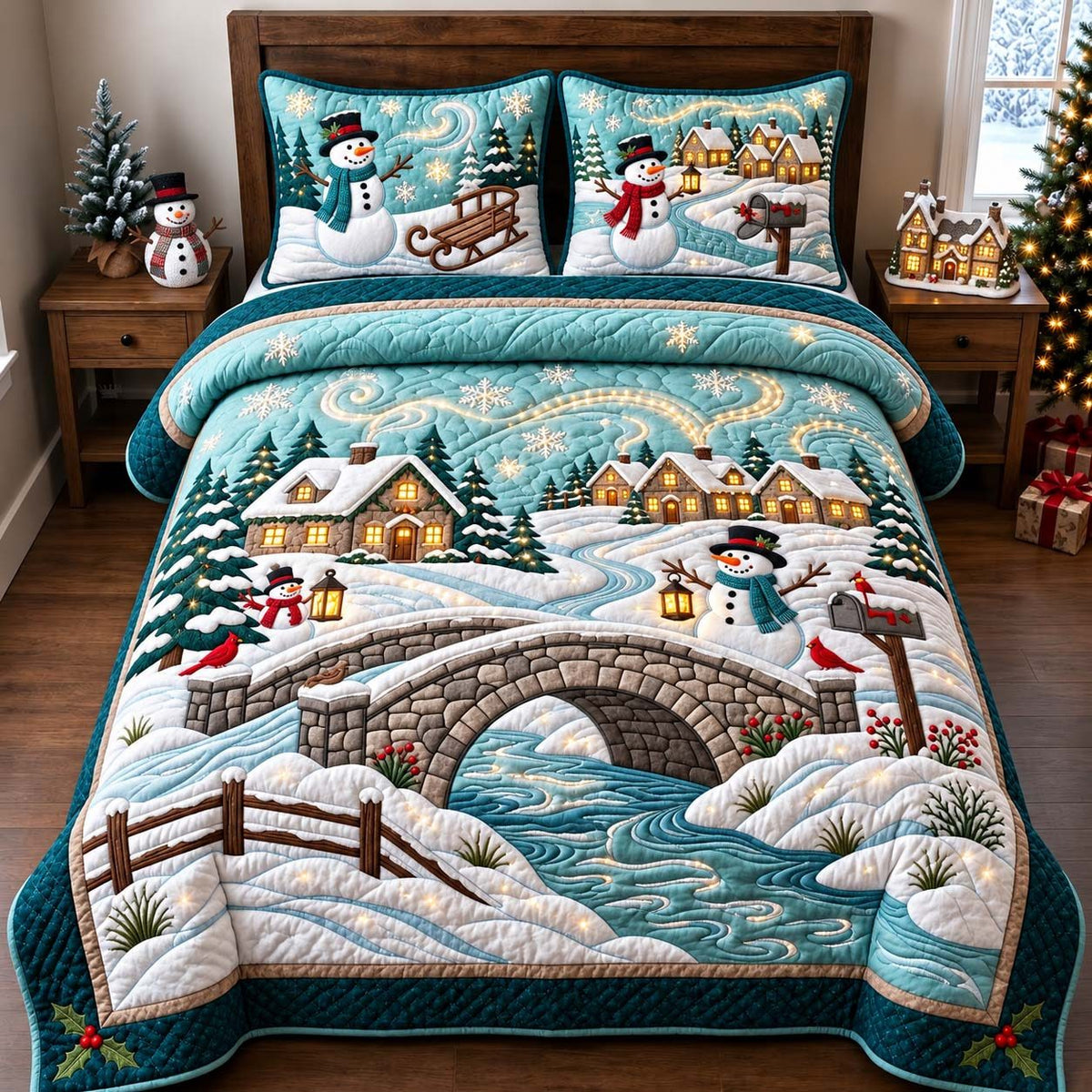 Snowman River Crossing quilted 3-piece bedding set on a made bed in a winter-styled bedroom