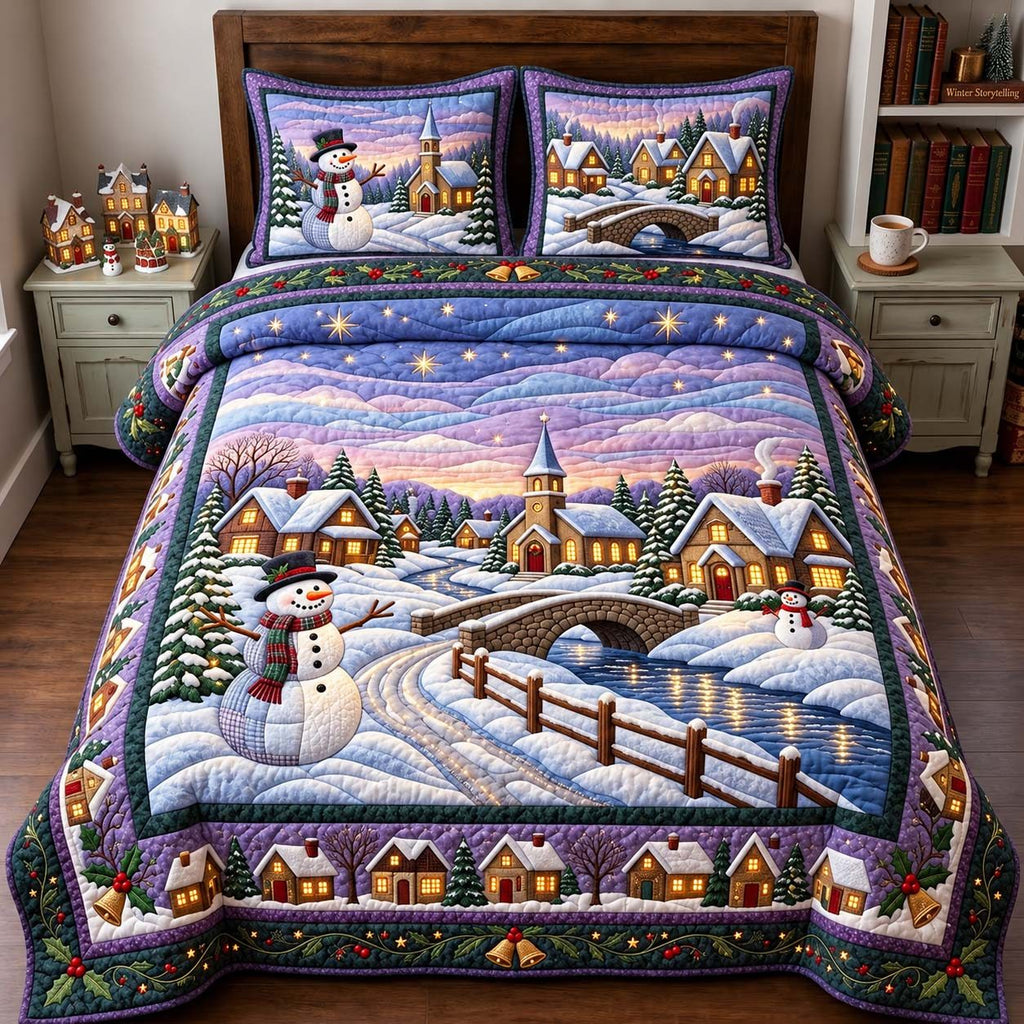 Snowman Winter Bridge quilted 3-piece bedding set on a made bed in a winter-styled bedroom