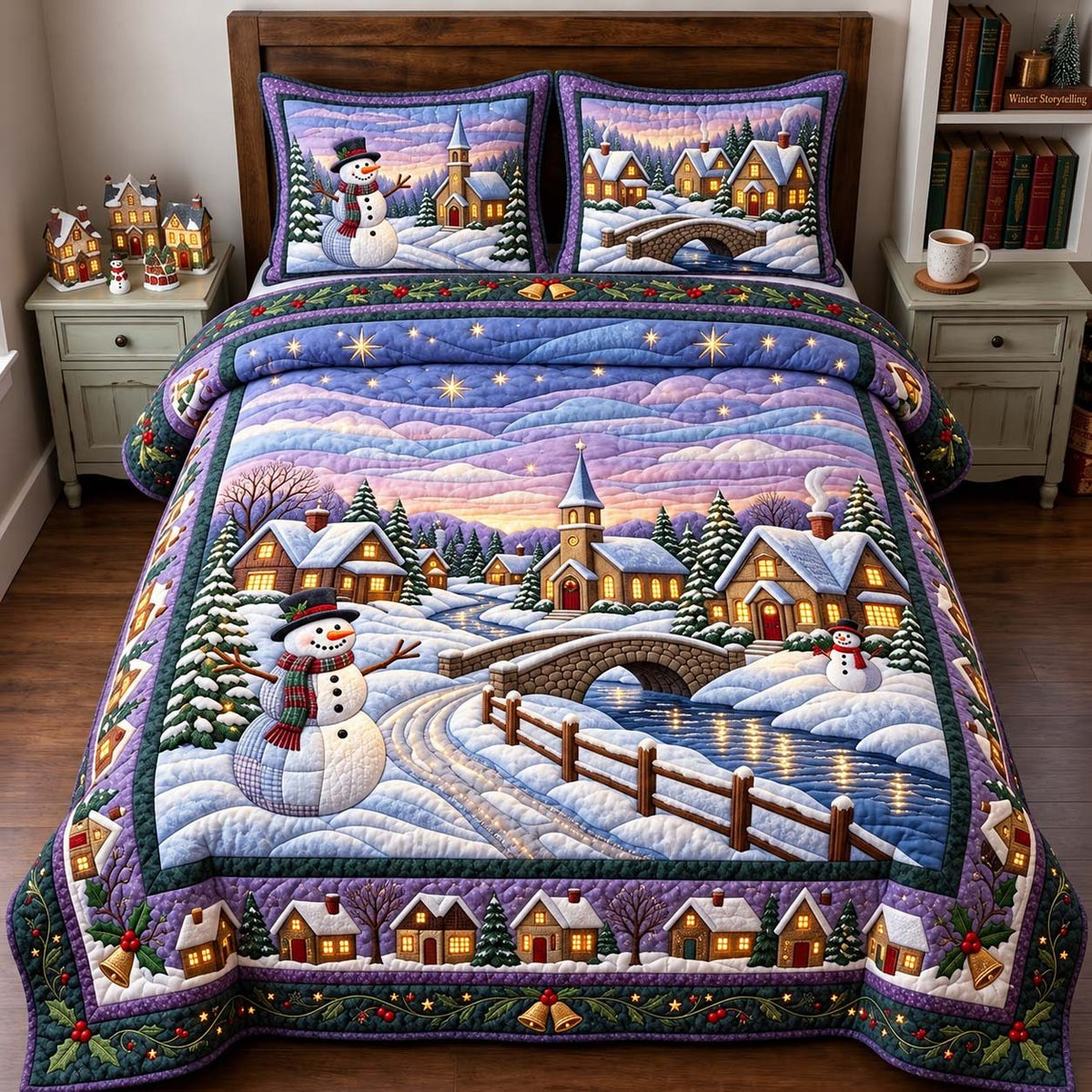 Snowman Winter Bridge quilted 3-piece bedding set on a made bed in a winter-styled bedroom