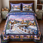 Snowman Winter Bridge quilted 3-piece bedding set on a made bed in a winter-styled bedroom