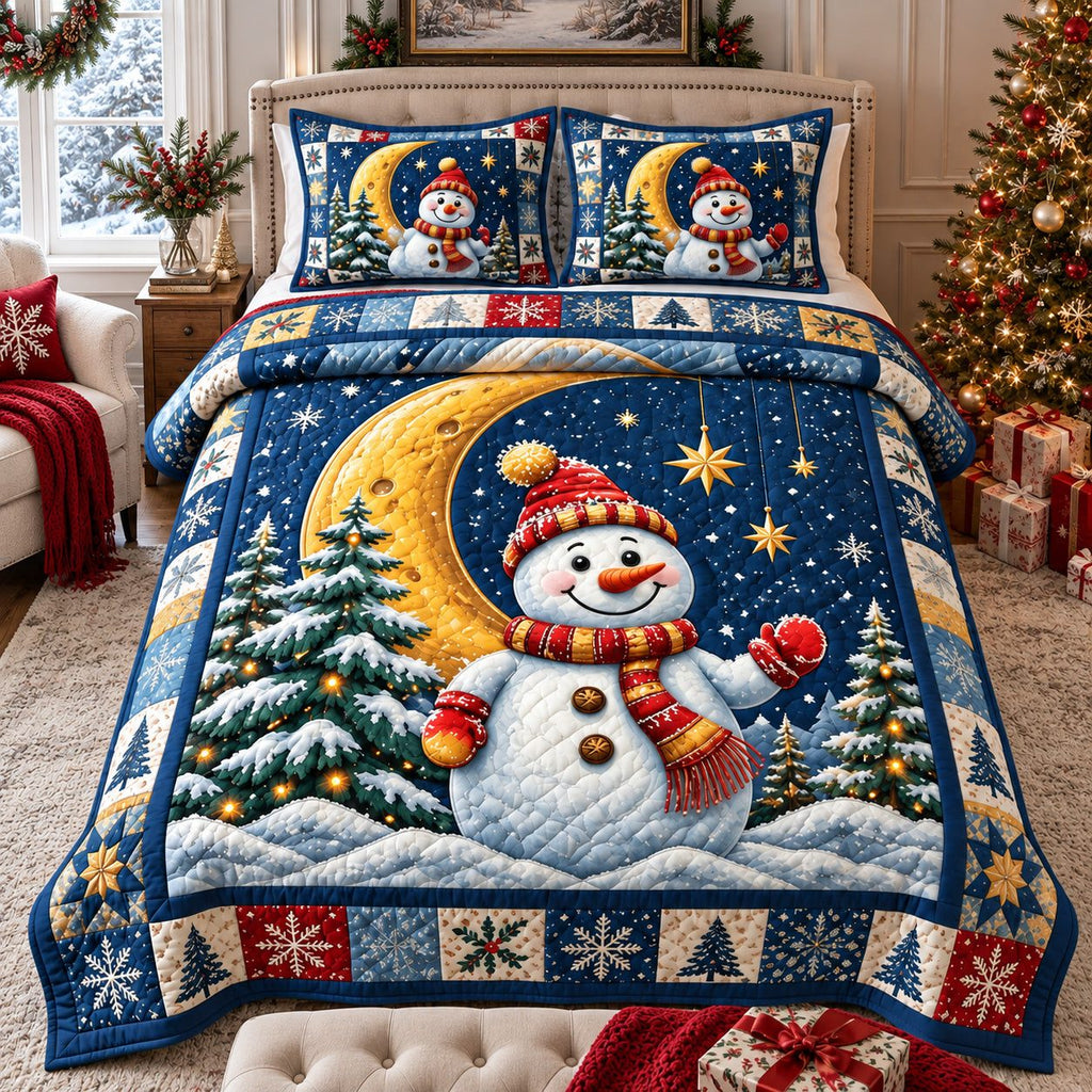 Snowman Winter Moonlight quilted 3-piece bedding set on a made bed in a winter-styled bedroom