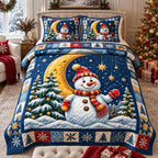 Snowman Winter Moonlight quilted 3-piece bedding set on a made bed in a winter-styled bedroom