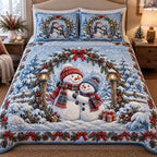 Snowman Wonderland quilted 3-piece bedding set on a made bed in a winter-styled bedroom