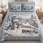 Snowmen Christmas Cheer quilted 3-piece bedding set on a made bed in a winter-styled bedroom
