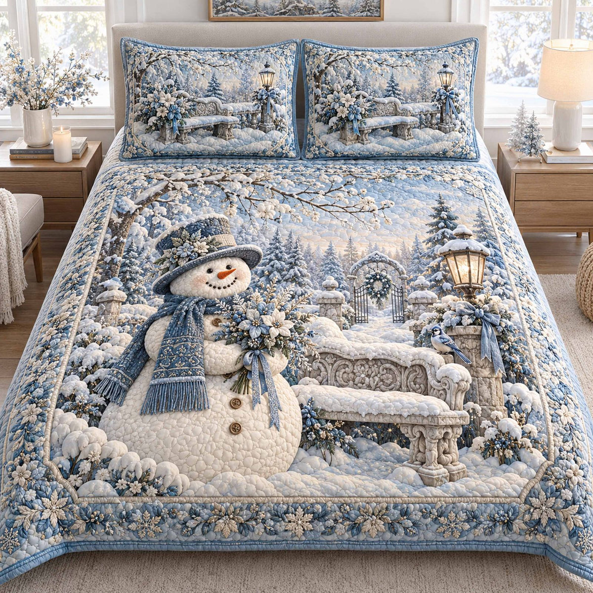 Snowmen Christmas Cheer quilted 3-piece bedding set on a made bed in a winter-styled bedroom