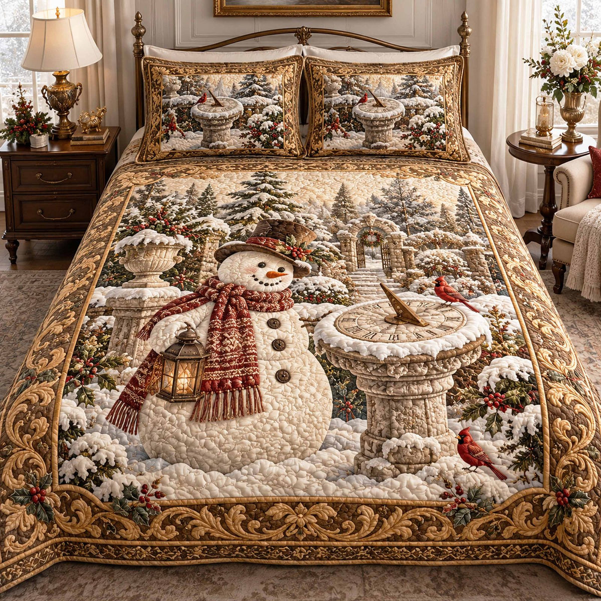 Snowmen Christmas Dreams quilted 3-piece bedding set on a made bed in a winter-styled bedroom