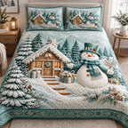 Snowmen Christmas Joy quilted 3-piece bedding set on a made bed in a winter-styled bedroom