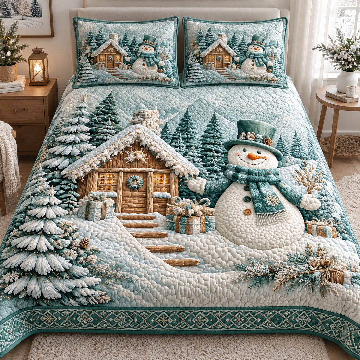 Snowmen Christmas Joy quilted 3-piece bedding set on a made bed in a winter-styled bedroom