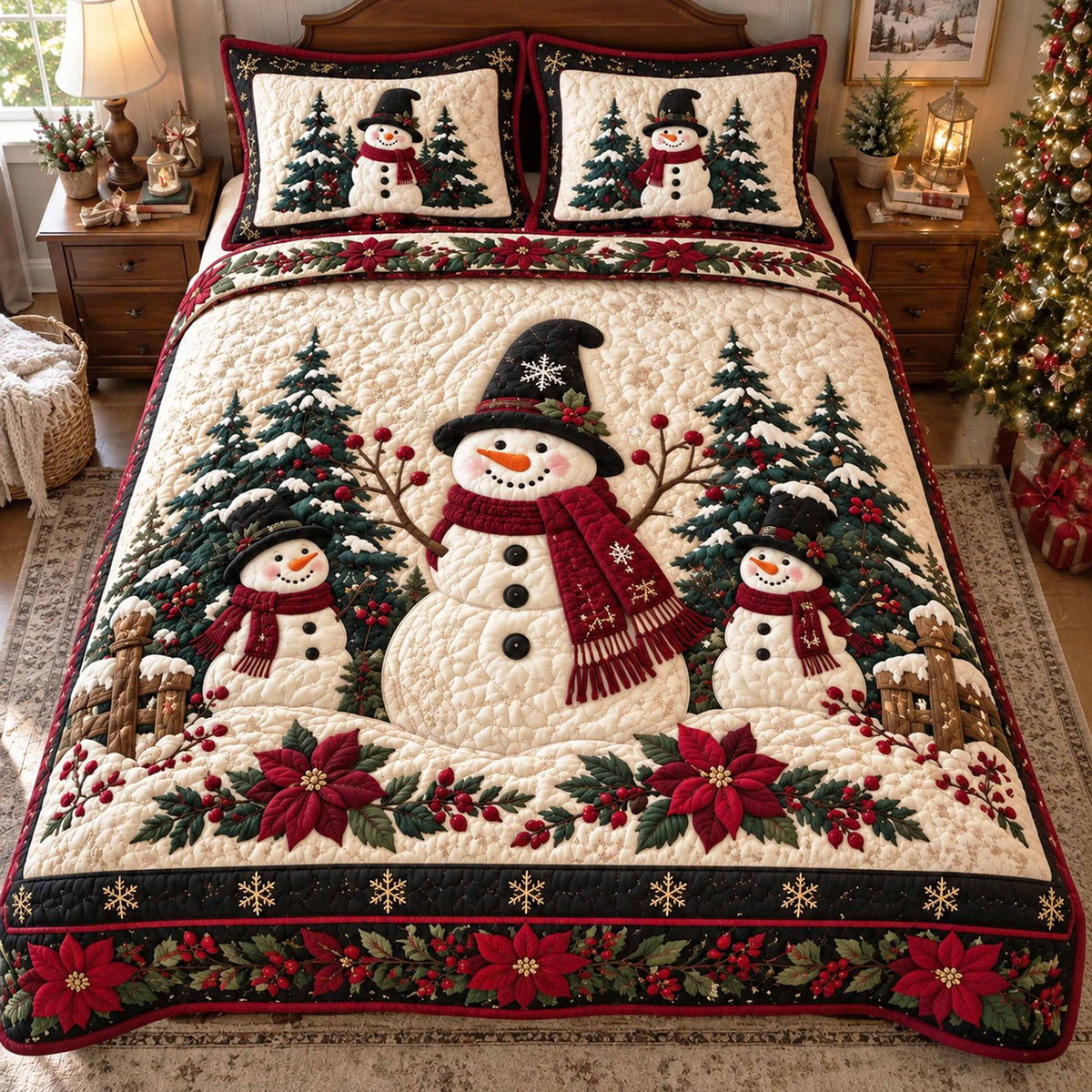 Snowmen Christmas Magic quilted 3-piece bedding set on a made bed in a winter-styled bedroom